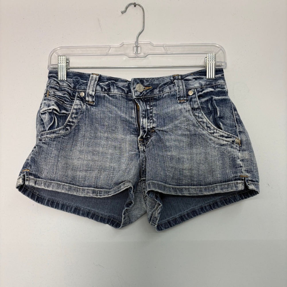 Vtg‎ No Boundaries Junior 7 Blue Acid Wash Low Rise Denim Micro Mini Shorts Y2K